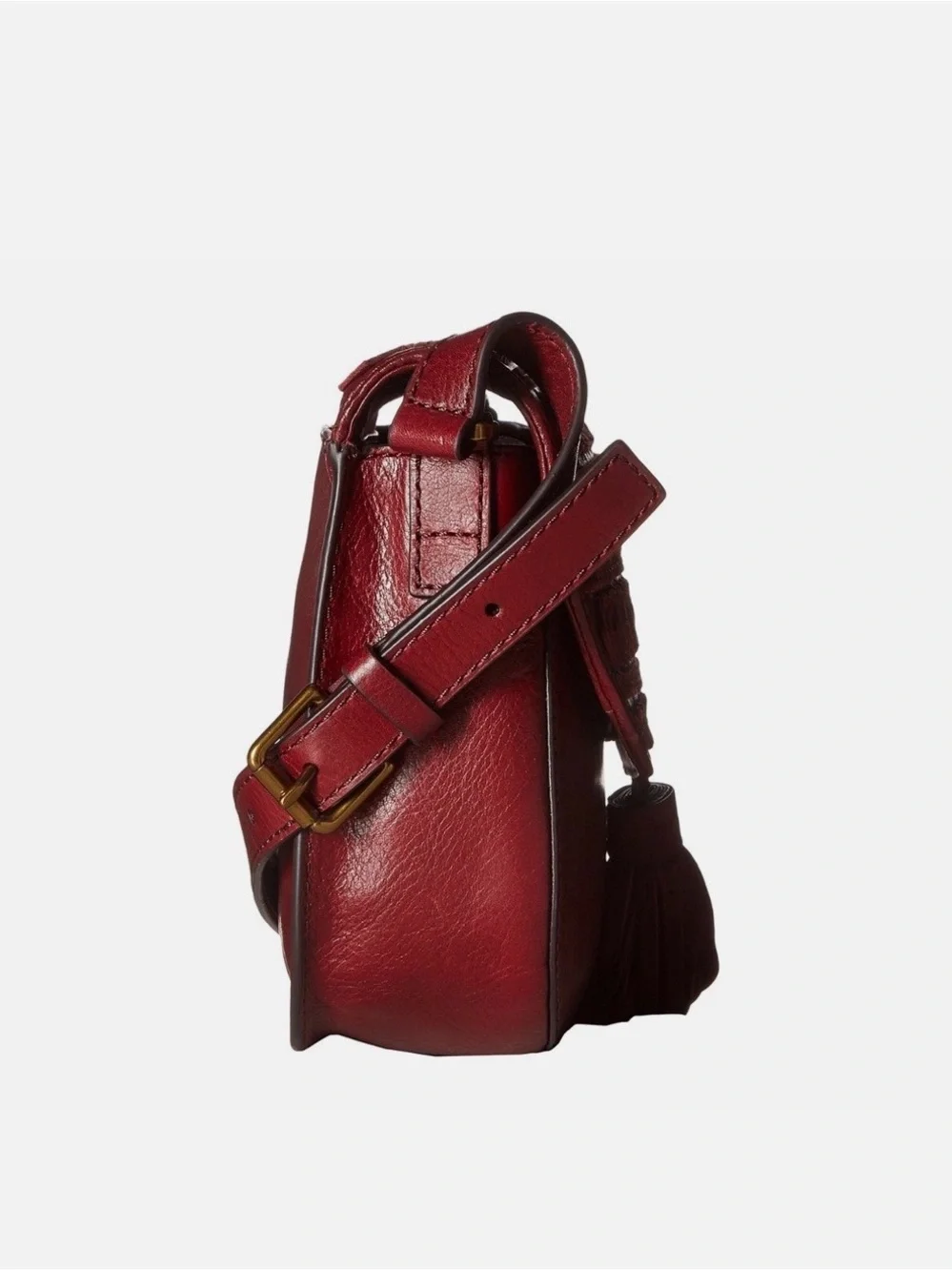Fossil Emi Leather Saddle Bag Burgundy Tassel Crossbody